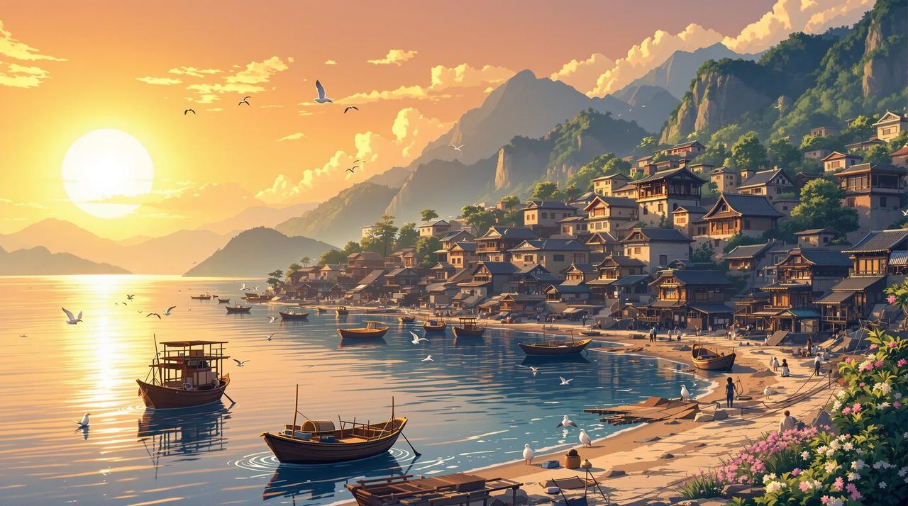 爱看互动短剧 - 海边渔村温暖黄昏全景，金色夕阳下的渔港，停泊的小渔船，传统石屋与远山